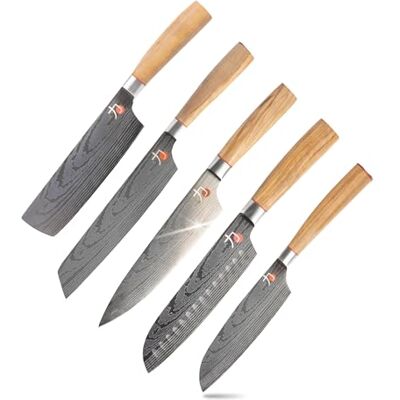 MasterPro Tetsu Cuchillos de Cocina Set Completo de 5 Cuchillos Japoneses Perfecto para Cortar Todo Tipo de Alimentos Cocina Profesional Mango de Madera de Olivo MasterPro Tetsu Cuchillos de Cocina Set Completo de 5 Cuchillos Japoneses Perfecto para Cortar Todo Tipo de Alimentos Cocina Profesional Mango de Madera de Olivo