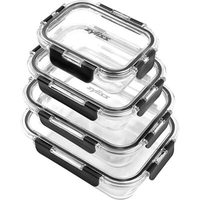 Zyliss Juego de 4 recipientes de vidrio inastillables, cajas herméticas de almacenamiento de alimentos con tapa sellable, aptas para microondas, sin BPA, aptas para congelador, almacenamiento de Zyliss Juego de 4 recipientes de vidrio inastillables, cajas herméticas de almacenamiento de alimentos con tapa sellable, aptas para microondas, sin BPA, aptas para congelador, almacenamiento de