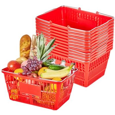 VEVOR Cestas de la Compra Apilables, Plástico PE, 21 L, con Asas Metálicas, Estructura de Malla Densa, Carga 9,07 kg, para Supermercados, Tiendas, Tiendas Minoristas y Uso Doméstico, Rojo, 12 uds VEVOR Cestas de la Compra Apilables, Plástico PE, 21 L, con Asas Metálicas, Estructura de Malla Densa, Carga 9,07 kg, para Supermercados, Tiendas, Tiendas Minoristas y Uso Doméstico, Rojo, 12 uds
