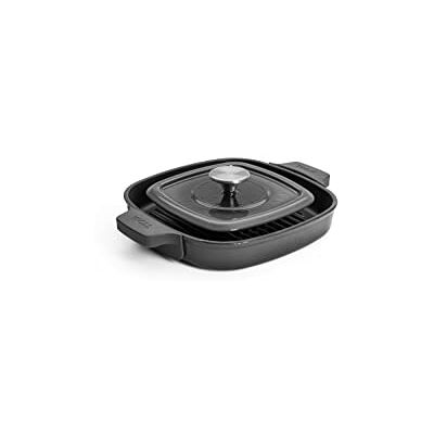 Woll Iron Sartén de hierro fundido cuadrada con ranuras, incluye prensa de carne y asas de silicona, inductiva, 24 x 24 cm, 4,5 cm de alto, apta para todo tipo de cocinas, horno hasta 250°, color Woll Iron Sartén de hierro fundido cuadrada con ranuras, incluye prensa de carne y asas de silicona, inductiva, 24 x 24 cm, 4,5 cm de alto, apta para todo tipo de cocinas, horno hasta 250°, color