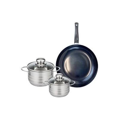 Fackelmann ELO 9712950 Batería de cocina (3 piezas, juego de 1 sartén de 24 cm y 2 ollas de 12 y 14 cm, Elo Prima Brillant, acero inoxidable, inducción Fackelmann ELO 9712950 Batería de cocina (3 piezas, juego de 1 sartén de 24 cm y 2 ollas de 12 y 14 cm, Elo Prima Brillant, acero inoxidable, inducción