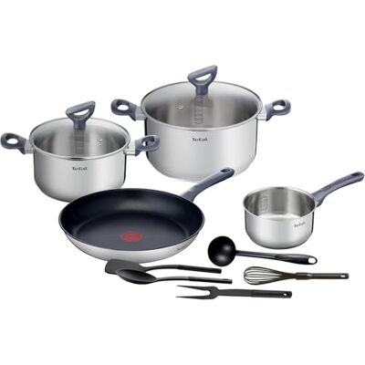 Tefal Daily Cook Juego de Sartén antiadherente 28 cm + 2 Ollas 20/24 cm + Cazo 16 cm + 5 Accesorios, Apto inducción, Thermo-Fusion, marcas medición, apto lavavajillas y horno, acero inoxidable Tefal Daily Cook Juego de Sartén antiadherente 28 cm + 2 Ollas 20/24 cm + Cazo 16 cm + 5 Accesorios, Apto inducción, Thermo-Fusion, marcas medición, apto lavavajillas y horno, acero inoxidable