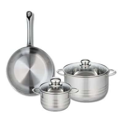 Fackelmann ELO 9870350 Batería de cocina (3 piezas, juego de 1 sartén de 28 cm y 2 ollas de 16 y 24 cm, Elo Profi Brillant, acero inoxidable, inducción Fackelmann ELO 9870350 Batería de cocina (3 piezas, juego de 1 sartén de 28 cm y 2 ollas de 16 y 24 cm, Elo Profi Brillant, acero inoxidable, inducción