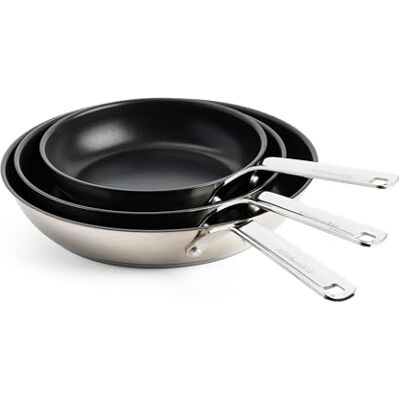 KitchenAid Stainless Steel Juego de Sartenes Cerámicas Antiadherentes de Acero Inoxidable sin PFAS de 20 cm, 24 cm y 28 cm, aptas para inducción, horno y lavavajillas, Plateadas KitchenAid Stainless Steel Juego de Sartenes Cerámicas Antiadherentes de Acero Inoxidable sin PFAS de 20 cm, 24 cm y 28 cm, aptas para inducción, horno y lavavajillas, Plateadas