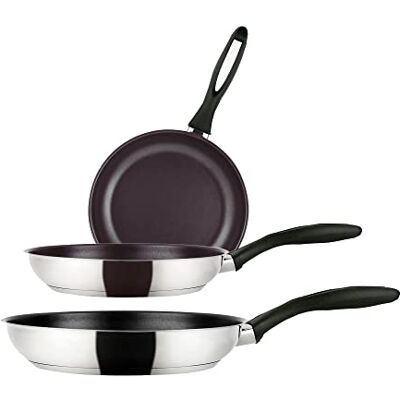 Fagor Set Juego Sartenes Inducción 18-20-24 cm, Acero Inoxidable, Antiadherente Ecológico Titanio QUANTANIUM sin PFOA, Fondo Difusor, Apta para Todas Las Cocinas, Vitrocerámica, Gas Fagor Set Juego Sartenes Inducción 18-20-24 cm, Acero Inoxidable, Antiadherente Ecológico Titanio QUANTANIUM sin PFOA, Fondo Difusor, Apta para Todas Las Cocinas, Vitrocerámica, Gas