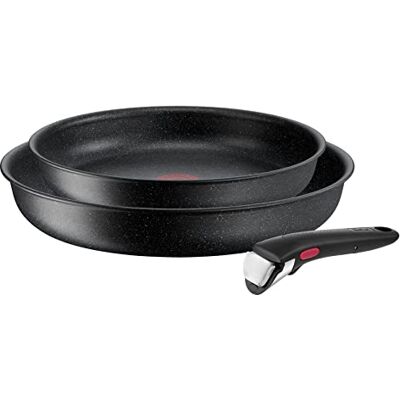 Tefal Ingenio Black Stone Juego de sartenes (3 piezas, apilables, antiadherente, apta para inducción, indicador de temperatura térmico, color negro Tefal Ingenio Black Stone Juego de sartenes (3 piezas, apilables, antiadherente, apta para inducción, indicador de temperatura térmico, color negro