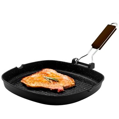 Zanetti , Parrilla de 20 x 20 cm, plancha de aluminio fundido a presión de gran espesor, placa grill apta para placas de inducción, mango plegable Zanetti , Parrilla de 20 x 20 cm, plancha de aluminio fundido a presión de gran espesor, placa grill apta para placas de inducción, mango plegable