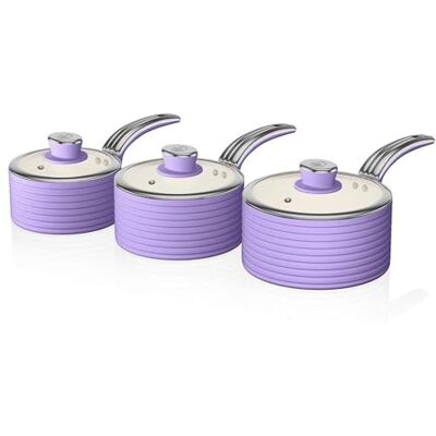 Swan Retro Batería Cazos 16 18 20cm, 3 Tapas Vidrio, Aluminio Prensado 3mm, Inducción, Antiadherente Cerámica Libre PFOA y PTFE, Apta para Todas Las Cocinas, Vintage, Morado Swan Retro Batería Cazos 16 18 20cm, 3 Tapas Vidrio, Aluminio Prensado 3mm, Inducción, Antiadherente Cerámica Libre PFOA y PTFE, Apta para Todas Las Cocinas, Vintage, Morado