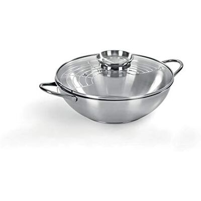 Barazzoni Wok de acero inoxidable 18/10, diámetro de 28 cm, capacidad de 3,75 l, tapa con aroma a polomo, fabricado en Italia Barazzoni Wok de acero inoxidable 18/10, diámetro de 28 cm, capacidad de 3,75 l, tapa con aroma a polomo, fabricado en Italia