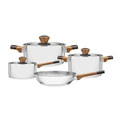 Tramontina Batería de Cocina Brava Baquelite, de Acero Inoxidable y Terminación Brillante, Juego de Cocina, con Cuerpo Triple y Tapas, Asas, Mangas y Pomos con Efecto Madera, 4 Piezas Tramontina Batería de Cocina Brava Baquelite, de Acero Inoxidable y Terminación Brillante, Juego de Cocina, con Cuerpo Triple y Tapas, Asas, Mangas y Pomos con Efecto Madera, 4 Piezas