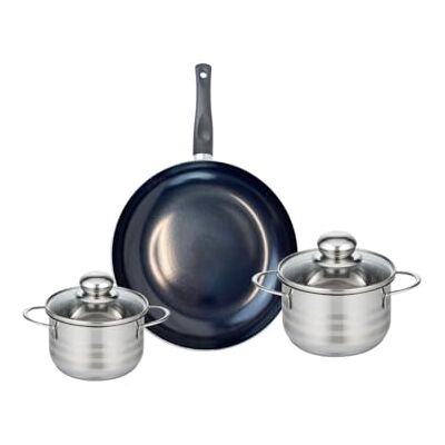 Fackelmann ELO 9716450 Juego de utensilios de cocina (3 piezas, 1 sartén de 28 cm y 2 ollas de 14 y 16 cm, Elo Prima Brillant, acero inoxidable, inducción Fackelmann ELO 9716450 Juego de utensilios de cocina (3 piezas, 1 sartén de 28 cm y 2 ollas de 14 y 16 cm, Elo Prima Brillant, acero inoxidable, inducción