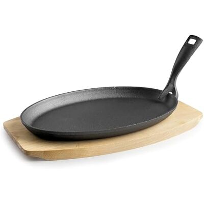 LACOR Bandeja Oval con Mango Desmontable, Hierro Fundido, Base de Madera, Apta para Inducción, 27x17 cm LACOR Bandeja Oval con Mango Desmontable, Hierro Fundido, Base de Madera, Apta para Inducción, 27x17 cm