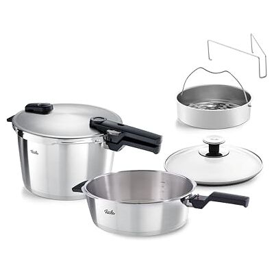 Fissler Vitaquick Premium Juego de 2 ollas a presión (26 cm de diámetro, olla a presión de 8 l + sartén a presión de 4 litros) con inserto, tapa de cristal adicional, 2 niveles de cocción, fabricado Fissler Vitaquick Premium Juego de 2 ollas a presión (26 cm de diámetro, olla a presión de 8 l + sartén a presión de 4 litros) con inserto, tapa de cristal adicional, 2 niveles de cocción, fabricado