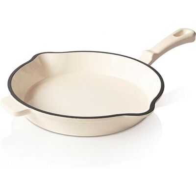 Römertopf Sartén de hierro fundido (28 cm, revestimiento de esmalte, todo tipo de fuegos, inducción, apta para horno a 250 °C, para filetes, patatas fritas, pescado, sartenes sin PFAS, crema Römertopf Sartén de hierro fundido (28 cm, revestimiento de esmalte, todo tipo de fuegos, inducción, apta para horno a 250 °C, para filetes, patatas fritas, pescado, sartenes sin PFAS, crema
