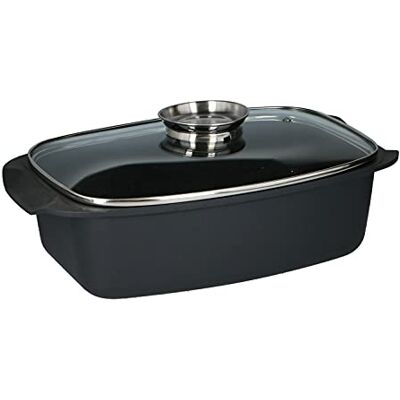alpina Cazuela con tapa de cristal, para horno, cocer al vapor y freír, 5,5 L, color negro alpina Cazuela con tapa de cristal, para horno, cocer al vapor y freír, 5,5 L, color negro