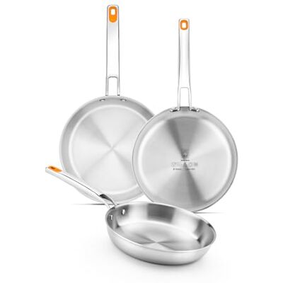 BRA Efficient Inox Set de sartenes 20-24-26 cm tricapa (interior acero inox 18/10 + interior aluminio + exterior acero inox 18/0 magnético), aptas para inducción, sin antiadherente, mango remachado BRA Efficient Inox Set de sartenes 20-24-26 cm tricapa (interior acero inox 18/10 + interior aluminio + exterior acero inox 18/0 magnético), aptas para inducción, sin antiadherente, mango remachado
