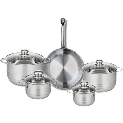 Fackelmann ELO 9871950 Batería de cocina (5 piezas, juego de 1 sartén de 28 cm y 4 ollas 14, 16, 20 y 24 cm, Elo Profi Brillant, acero inoxidable, inducción Fackelmann ELO 9871950 Batería de cocina (5 piezas, juego de 1 sartén de 28 cm y 4 ollas 14, 16, 20 y 24 cm, Elo Profi Brillant, acero inoxidable, inducción