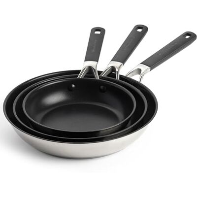 KitchenAid Classic Stainless Steel Set de 3 Sartenes de Acero Inoxidable con Cerámica Antiadherente Sin PFAS, 20cm, 24 cm y 28 cm, Clad, Inducción, Mango Stay-Cool, Apto para Horno hasta 160°C, Plata KitchenAid Classic Stainless Steel Set de 3 Sartenes de Acero Inoxidable con Cerámica Antiadherente Sin PFAS, 20cm, 24 cm y 28 cm, Clad, Inducción, Mango Stay-Cool, Apto para Horno hasta 160°C, Plata