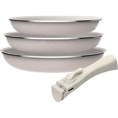 San Ignacio Juego de 3 sartenes Ø18Ø20Ø24cm de aluminio prensado con recubrimiento ILAG + Mango extraíble Click&Cook, Apto inducción, antiadherentes, sin PFOA, apto lavavajillas y horno San Ignacio Juego de 3 sartenes Ø18Ø20Ø24cm de aluminio prensado con recubrimiento ILAG + Mango extraíble Click&Cook, Apto inducción, antiadherentes, sin PFOA, apto lavavajillas y horno