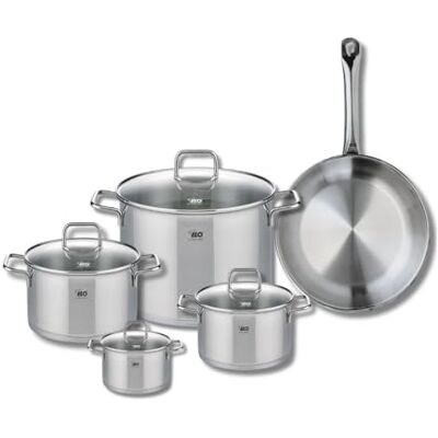 Fackelmann ELO 9698150 Batería de cocina (5 piezas, juego de 1 sartén de 28 cm y 4 ollas 12, 16, 20 y 26 cm, Elo Profi Citrin, acero inoxidable, inducción Fackelmann ELO 9698150 Batería de cocina (5 piezas, juego de 1 sartén de 28 cm y 4 ollas 12, 16, 20 y 26 cm, Elo Profi Citrin, acero inoxidable, inducción