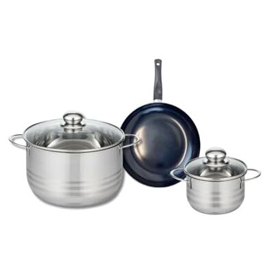 Fackelmann ELO 9710450 Juego de utensilios de cocina (3 piezas, 1 sartén de 20 cm y 2 ollas de 14 y 24 cm, Elo Prima Brillant, acero inoxidable, inducción Fackelmann ELO 9710450 Juego de utensilios de cocina (3 piezas, 1 sartén de 20 cm y 2 ollas de 14 y 24 cm, Elo Prima Brillant, acero inoxidable, inducción