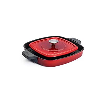 Woll Iron Sartén de hierro fundido cuadrada con ranuras, incluye prensa de carne y asas de silicona, inductiva, 28 x 28 cm, 4,5 cm de alto, apta para todo tipo de cocinas, horno hasta 250°, color Woll Iron Sartén de hierro fundido cuadrada con ranuras, incluye prensa de carne y asas de silicona, inductiva, 28 x 28 cm, 4,5 cm de alto, apta para todo tipo de cocinas, horno hasta 250°, color