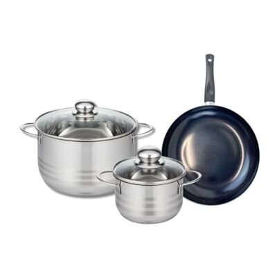 Fackelmann ELO 9713750 Batería de cocina (3 piezas, juego de 1 sartén de 24 cm y 2 ollas de 16 y 24 cm, Elo Prima Brillant, acero inoxidable, inducción Fackelmann ELO 9713750 Batería de cocina (3 piezas, juego de 1 sartén de 24 cm y 2 ollas de 16 y 24 cm, Elo Prima Brillant, acero inoxidable, inducción