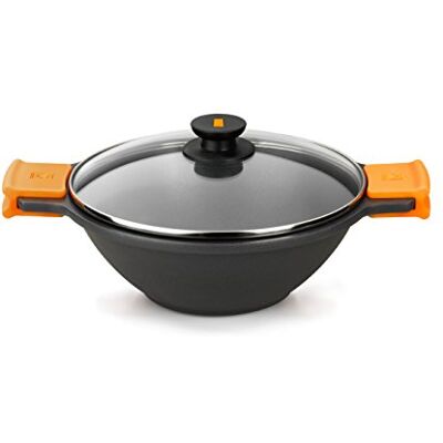BRA Efficient Sartén Wok/cacerola cóncava 28 cm, con tapa de cristal, asas de silicona BRA Efficient Sartén Wok/cacerola cóncava 28 cm, con tapa de cristal, asas de silicona