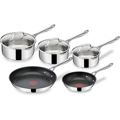 Tefal Jamie Oliver Juego de 2 Sartenes antiadherentes 20/28 cm + 3 Cazos 16/18/20 cm + 3 Tapas, Apto inducción, Thermo-Fusion, marcas medición, apto lavavajillas y horno, acero inoxidable Tefal Jamie Oliver Juego de 2 Sartenes antiadherentes 20/28 cm + 3 Cazos 16/18/20 cm + 3 Tapas, Apto inducción, Thermo-Fusion, marcas medición, apto lavavajillas y horno, acero inoxidable