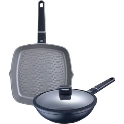 MasterPro Juego de Sartén Grill 28x28x5,5cm + Wok Ø28x8cm en Aluminio fundido con tapa Aptas para inducción INDIGO MasterPro Juego de Sartén Grill 28x28x5,5cm + Wok Ø28x8cm en Aluminio fundido con tapa Aptas para inducción INDIGO