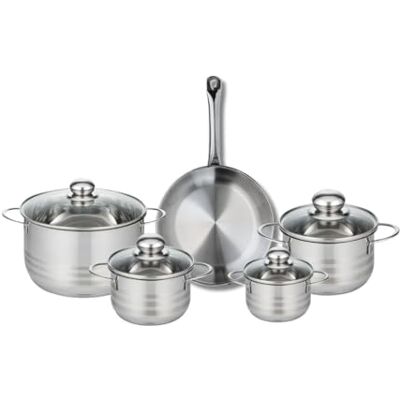 Fackelmann ELO 9868450 Batería de cocina (5 piezas, juego de 1 sartén de 24 cm y 4 ollas 12, 14, 16 y 20 cm, Elo Profi Brillant, acero inoxidable, inducción Fackelmann ELO 9868450 Batería de cocina (5 piezas, juego de 1 sartén de 24 cm y 4 ollas 12, 14, 16 y 20 cm, Elo Profi Brillant, acero inoxidable, inducción