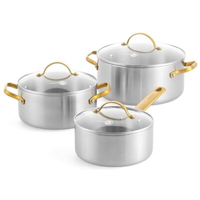 GreenPan Padova Juego de 6 utensilios de cocina de acero inoxidable con tapa de cristal, ollas y olla sopera, 3 capas, apta para inducción, mango dorado de acero inoxidable, apto para horno hasta GreenPan Padova Juego de 6 utensilios de cocina de acero inoxidable con tapa de cristal, ollas y olla sopera, 3 capas, apta para inducción, mango dorado de acero inoxidable, apto para horno hasta