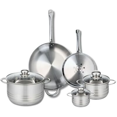 Fackelmann ELO 9880250 Batería de cocina (5 piezas, juego de 2 estufas de cocina 24 y 32 cm, 3 ollas de 12, 16 y 24 cm, Elo Profi Brillant, acero inoxidable, inducción Fackelmann ELO 9880250 Batería de cocina (5 piezas, juego de 2 estufas de cocina 24 y 32 cm, 3 ollas de 12, 16 y 24 cm, Elo Profi Brillant, acero inoxidable, inducción