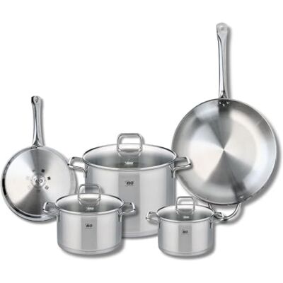 Fackelmann ELO 9507050 Batería de cocina (5 piezas, juego de 2 sartenes de cocina 24 y 32 cm, 3 ollas de 16, 20 y 26 cm, Elo Profi Citrin, acero inoxidable, inducción Fackelmann ELO 9507050 Batería de cocina (5 piezas, juego de 2 sartenes de cocina 24 y 32 cm, 3 ollas de 16, 20 y 26 cm, Elo Profi Citrin, acero inoxidable, inducción