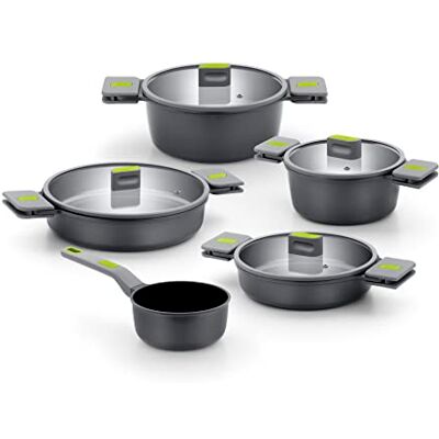 BRA Life Batería de cocina de 9 piezas, aluminio fundido, con antiadherente BRA Life Batería de cocina de 9 piezas, aluminio fundido, con antiadherente
