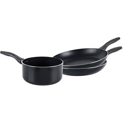 Crealys juego de 2 sartenes de 24/28 cm y 1 cazo de 18 cm Batería de cocina de aluminio negro compatible con inducción antiadherente, libre de PFOA mango de baquelita negra Crealys juego de 2 sartenes de 24/28 cm y 1 cazo de 18 cm Batería de cocina de aluminio negro compatible con inducción antiadherente, libre de PFOA mango de baquelita negra
