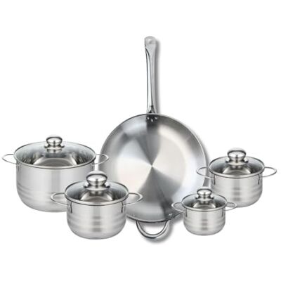 Fackelmann ELO 9874650 Batería de cocina (5 piezas, juego de 1 sartén de 32 cm y 4 ollas 12, 14, 16 y 20 cm, Elo Profi Brillant, acero inoxidable, inducción Fackelmann ELO 9874650 Batería de cocina (5 piezas, juego de 1 sartén de 32 cm y 4 ollas 12, 14, 16 y 20 cm, Elo Profi Brillant, acero inoxidable, inducción