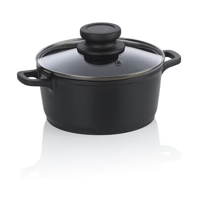 kela olla para carne de 16 cm con tapa de cristal ATURA, olla pequeña de 1 litro, olla para inducción, fundición de aluminio con revestimiento cerámico, sin PFAS, negra kela olla para carne de 16 cm con tapa de cristal ATURA, olla pequeña de 1 litro, olla para inducción, fundición de aluminio con revestimiento cerámico, sin PFAS, negra