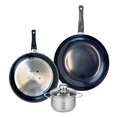 Fackelmann ELO 9737350 Batería de cocina (3 piezas, juego de 2 sartenes de cocina 28 y 32 cm, 1 olla de 14 cm, Elo Prima Brillant, acero inoxidable, inducción Fackelmann ELO 9737350 Batería de cocina (3 piezas, juego de 2 sartenes de cocina 28 y 32 cm, 1 olla de 14 cm, Elo Prima Brillant, acero inoxidable, inducción