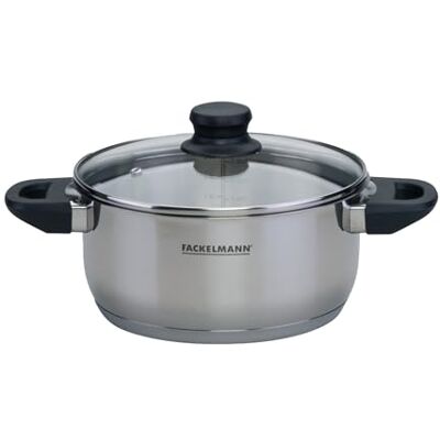 Fackelmann Geneva Olla Baja 20 x 9,5 cm, Capacidad 2,8 Litros, Cazo de Acero Inoxidable con Núcleo de Aluminio, Tapa de Vidrio, Resistente a Corrosión y Fácil de Limpiar Fackelmann Geneva Olla Baja 20 x 9,5 cm, Capacidad 2,8 Litros, Cazo de Acero Inoxidable con Núcleo de Aluminio, Tapa de Vidrio, Resistente a Corrosión y Fácil de Limpiar