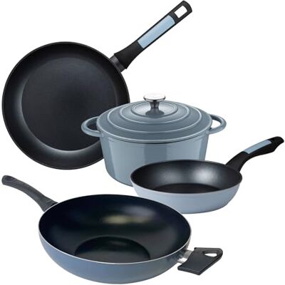 San Ignacio NOIA: Set NOIA 5 piezas: Cacerola de Ø25, con tapa, set 2 sartenes Ø20 y Ø26 y Wok Ø30 cms San Ignacio NOIA: Set NOIA 5 piezas: Cacerola de Ø25, con tapa, set 2 sartenes Ø20 y Ø26 y Wok Ø30 cms