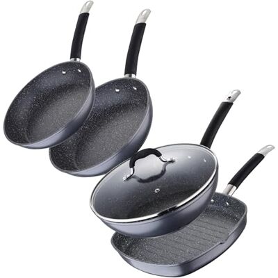 MasterPro Juego de 2 Sartenes Ø20Ø24cm + Wok de Ø28cm + Sartén Grill 28x28x4,5cm en Aluminio forjado aptas para inducción color Gris MasterPro Juego de 2 Sartenes Ø20Ø24cm + Wok de Ø28cm + Sartén Grill 28x28x4,5cm en Aluminio forjado aptas para inducción color Gris