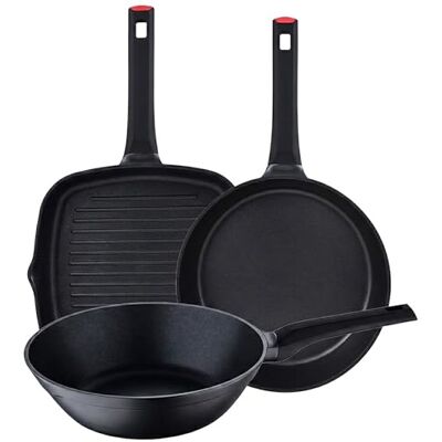 San Ignacio ENERGY: Set de 3 Sartenes Antiadherentes Xylan Plus sin PFOA, Aluminio Fundido, Aptas para lavavajillas: sarten 28x6 wok 28x8,5 sarten asador 28x28x5 San Ignacio ENERGY: Set de 3 Sartenes Antiadherentes Xylan Plus sin PFOA, Aluminio Fundido, Aptas para lavavajillas: sarten 28x6 wok 28x8,5 sarten asador 28x28x5