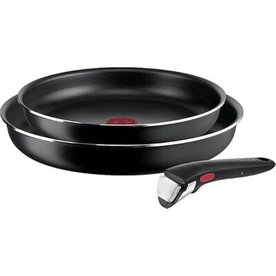 Tefal Ingenio Easy On Juego de 3 Sartenes 22/24/26 cm con mango extraíble, diseño apilable, cocción uniforme, fácil limpieza, sistema de fijación seguro, color negro, sin compatibilidad con inducción Tefal Ingenio Easy On Juego de 3 Sartenes 22/24/26 cm con mango extraíble, diseño apilable, cocción uniforme, fácil limpieza, sistema de fijación seguro, color negro, sin compatibilidad con inducción