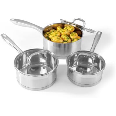 Salter Juego De 3 Cacerolas Con Tapas De Cristal, De La Colección Timeless, Acero Inoxidable, Utensilios De Cocina Con Diseño Elegante Con Acabado Satinado, Ligeras, Aptas Para Inducción Salter Juego De 3 Cacerolas Con Tapas De Cristal, De La Colección Timeless, Acero Inoxidable, Utensilios De Cocina Con Diseño Elegante Con Acabado Satinado, Ligeras, Aptas Para Inducción