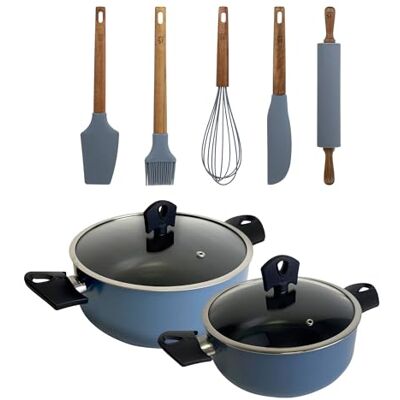 San Ignacio Juego de 2 Cacerolas de Ø20Ø24cm con tapa en Aluminio prensado color Azul + Set de 5 Utensilios de silicona y madera NOIA San Ignacio Juego de 2 Cacerolas de Ø20Ø24cm con tapa en Aluminio prensado color Azul + Set de 5 Utensilios de silicona y madera NOIA