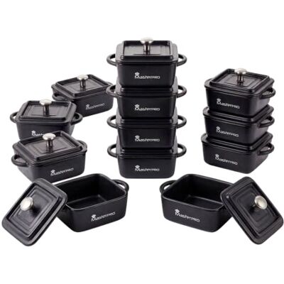 MasterPro Cook & Share Mini Cocotte Cuadrada con Tapa de 13.5 x 10.6 x 4.5/6.5 cm, Ideal para Compartir, Gres con Interior y Exterior Esmaltado en Negro, Apta para Lavavajillas y Horno, Juego de 12 MasterPro Cook & Share Mini Cocotte Cuadrada con Tapa de 13.5 x 10.6 x 4.5/6.5 cm, Ideal para Compartir, Gres con Interior y Exterior Esmaltado en Negro, Apta para Lavavajillas y Horno, Juego de 12