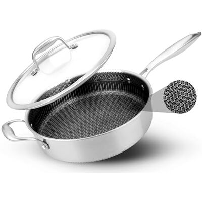 NutriChef cazuela profunda de 3.2L, Con tapa, Acero inoxidable, Para saltear, Textura tipo panal resistente a rayones, Apta para horno e induccion, Antiadherente NutriChef cazuela profunda de 3.2L, Con tapa, Acero inoxidable, Para saltear, Textura tipo panal resistente a rayones, Apta para horno e induccion, Antiadherente