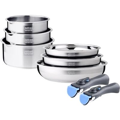 Arthur Martin , Juego de cocina de acero inoxidable de 8 piezas: 3 sartenes (20-24-26 cm), 3 cacerolas (16-18-20 cm), 2 asas extraíbles, todos los calentadores de inducción, graduación interior Arthur Martin , Juego de cocina de acero inoxidable de 8 piezas: 3 sartenes (20-24-26 cm), 3 cacerolas (16-18-20 cm), 2 asas extraíbles, todos los calentadores de inducción, graduación interior