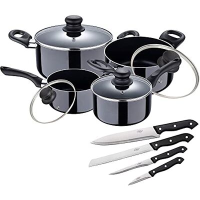 San Ignacio Batería de cocina 8 piezas Porto fabricada en aluminio prensado apta para induccion y juego de 4 cuchillos de cocina: Chef de 20cm, Pan 20cm, Deshuesador 13.75cm y Pelador 7.5cm San Ignacio Batería de cocina 8 piezas Porto fabricada en aluminio prensado apta para induccion y juego de 4 cuchillos de cocina: Chef de 20cm, Pan 20cm, Deshuesador 13.75cm y Pelador 7.5cm